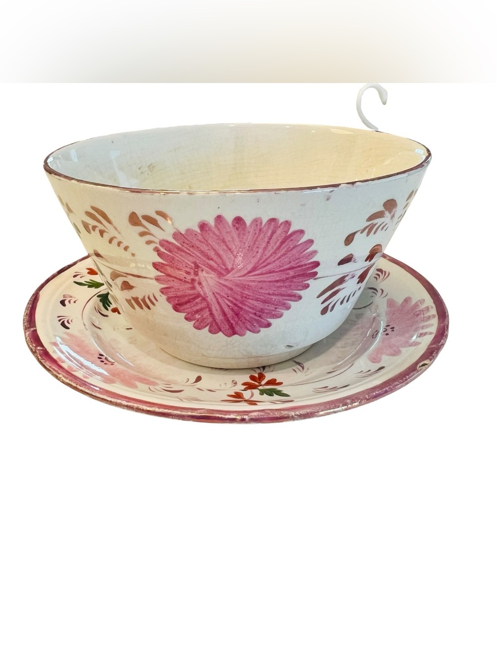 Antique Staffordshire Pearlware Pink Lustre Slop Bowl & Underplate